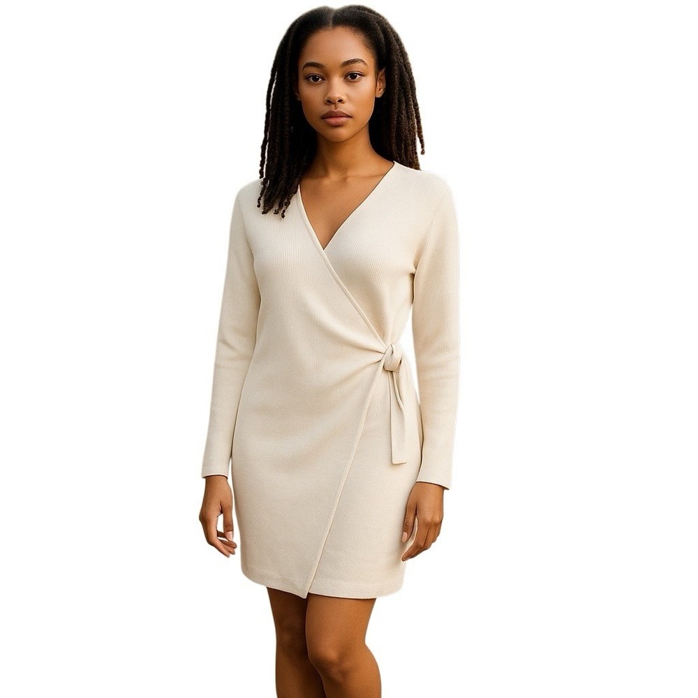Questions Wrap Sweater‎ Dress XL Ivory Ribbed Midi Long Sleeve Minimalist